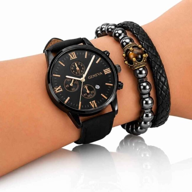 Reloj Hombre Elegante + Pulseras Diseño Premium Geneva, Est.ilo Moderno y Ajuste Cómodo conjunto de relojes de pulsera para hombre