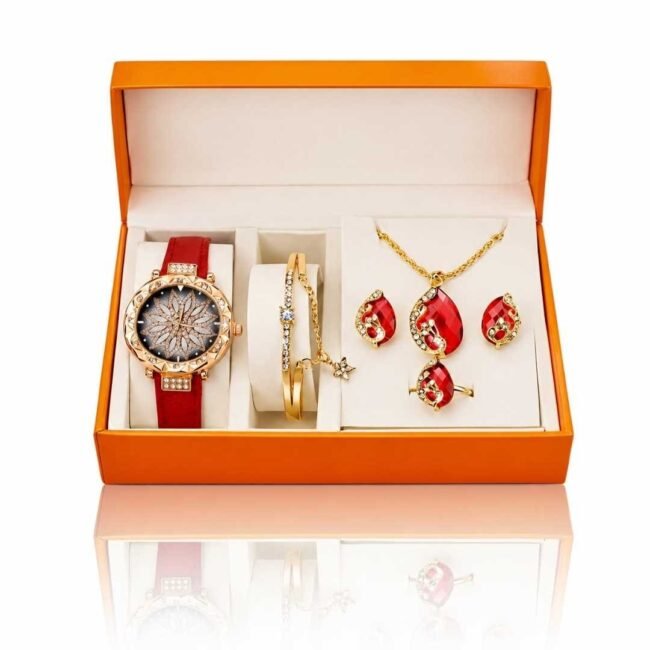 Set Reloj Mujer Rojo + Joyas Elegantes – Oferta con Estuche Incluido. Conjunto Femenino Reloj y Pendientes Estilo Moderno