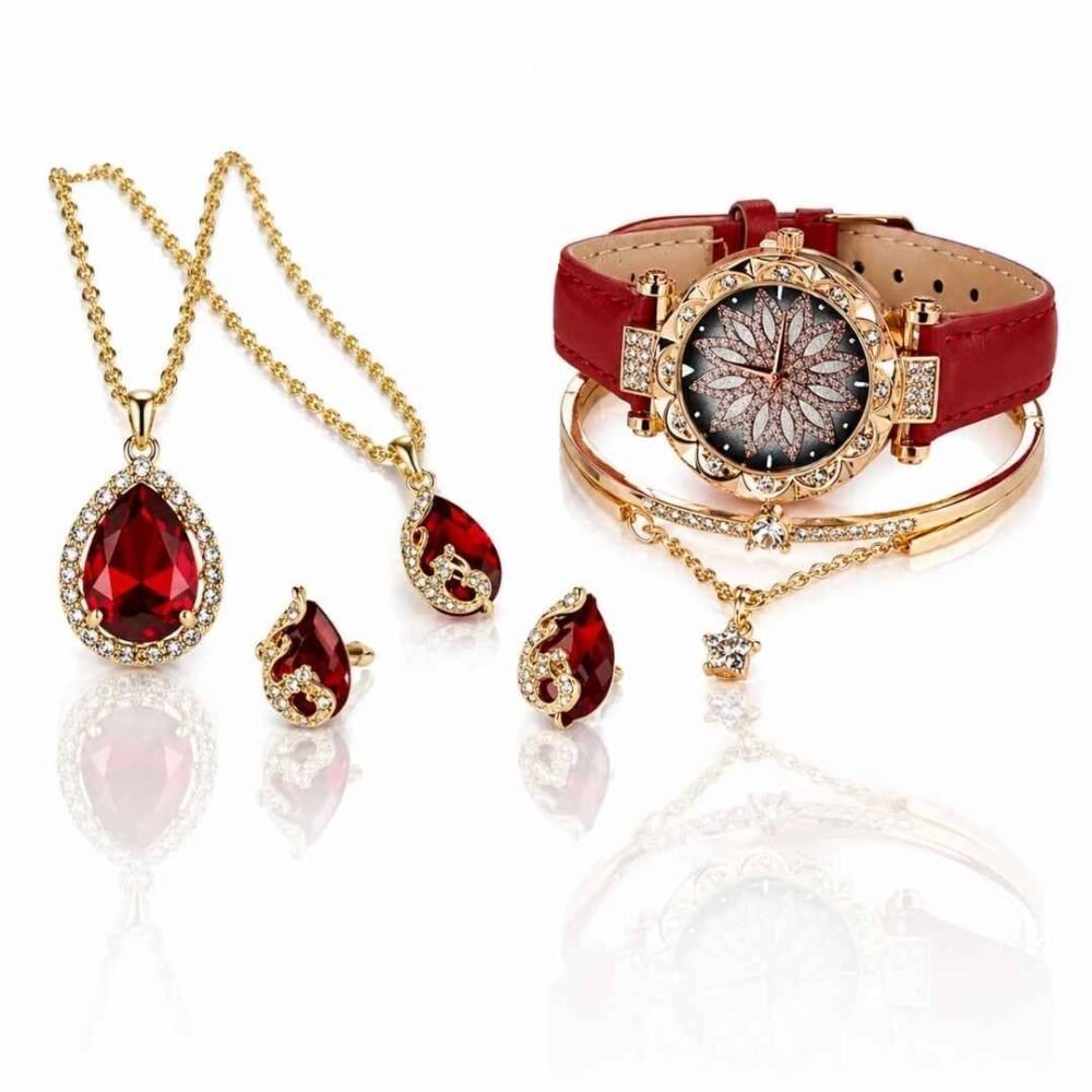 Set Reloj Mujer Rojo + Joyas Elegantes – Oferta con Estuche Incluido Conjunto Femenino Reloj y Pendientes Estilo Moderno