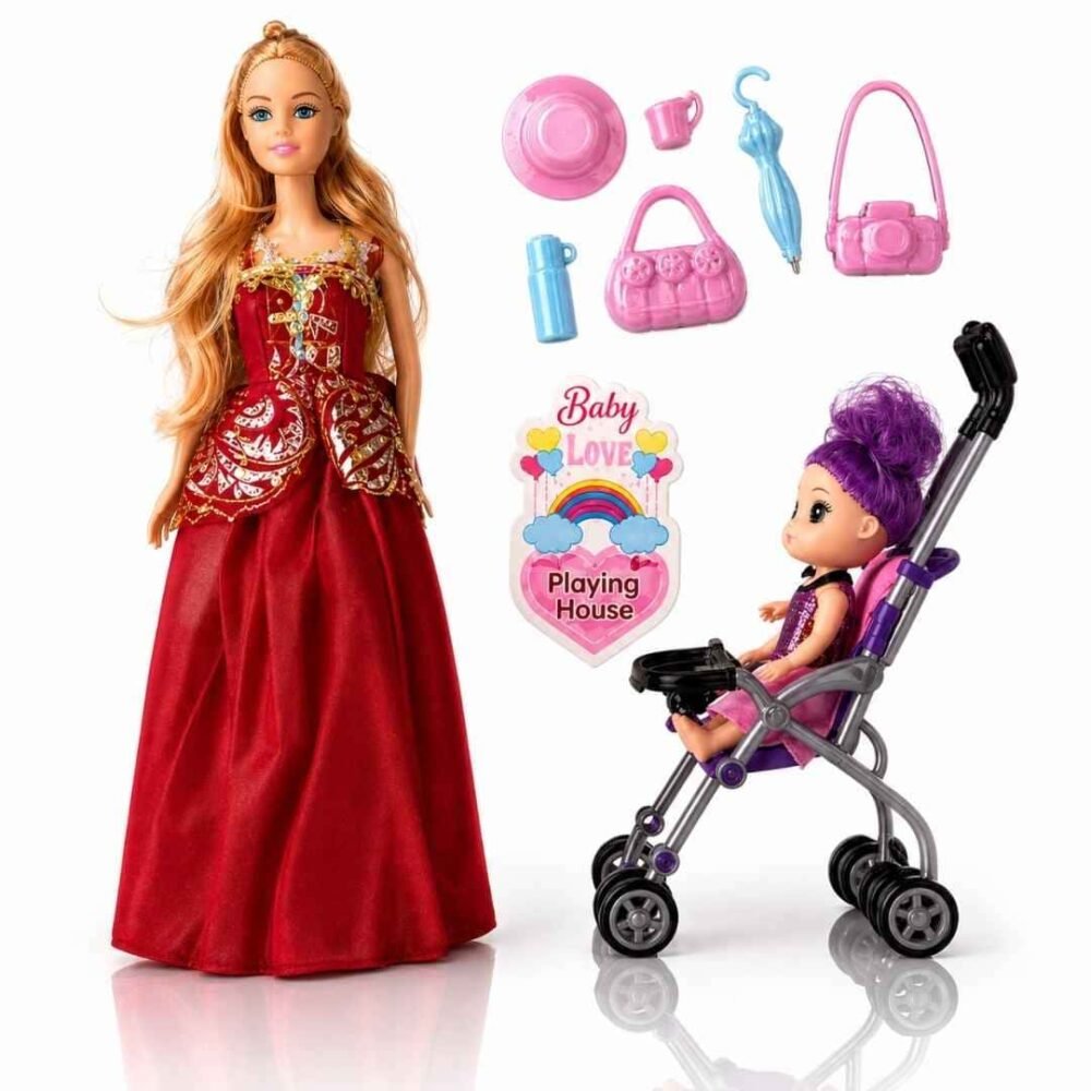Muñeca Fashion con Bebé y Accesorios + Coche – Set Infantil d.e Juego Creativo y Regalo Muñeca Princesa Mamá Con Accesorios Juguete Niña